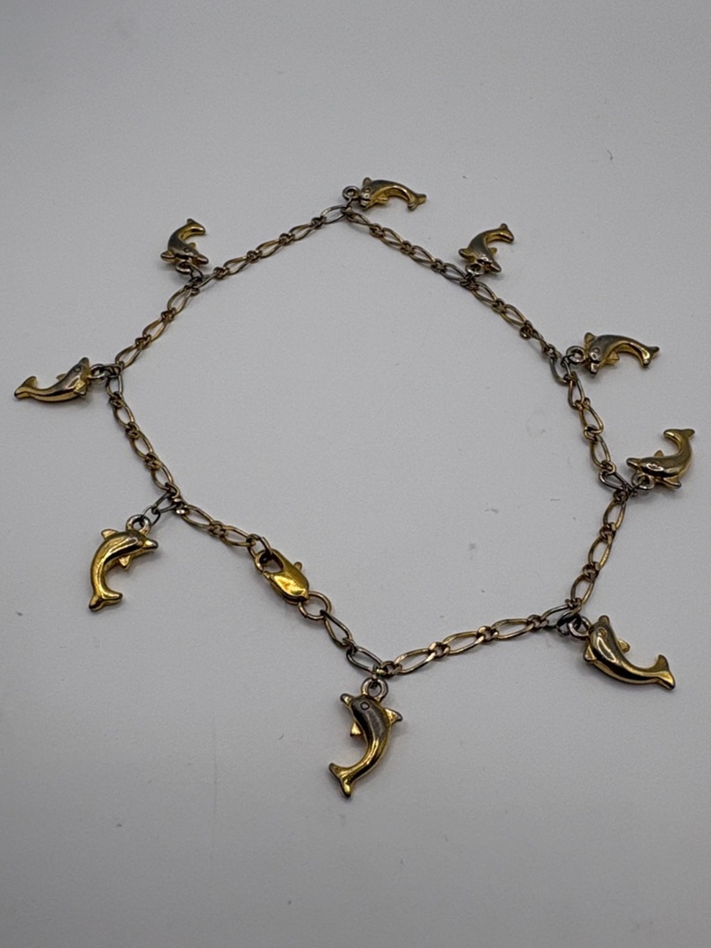 Vintage 80’s Gold and Silver Dolphin Charm Bracelet 9” ankle bracelet